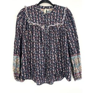 Joie Womens Cotton Floral Button‎ Up Blouse L Navy Peasant Cottagecore Ruffle